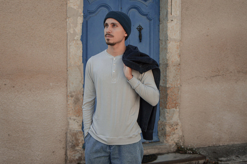 Pétrone Henley manches longues laine mérinos Tencel Gris Clair homme