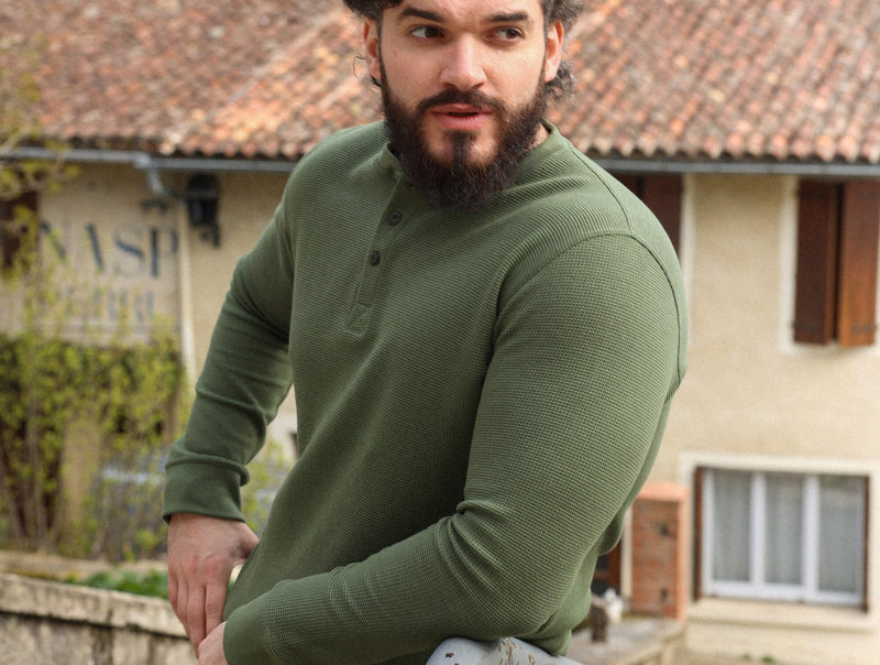 Pétrone Henley cormac manches longues coton bio Tencel vert kaki homme