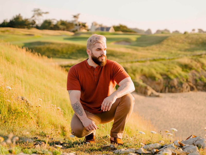 Pétrone Henley cormac manches courtes coton bio Tencel terracotta homme