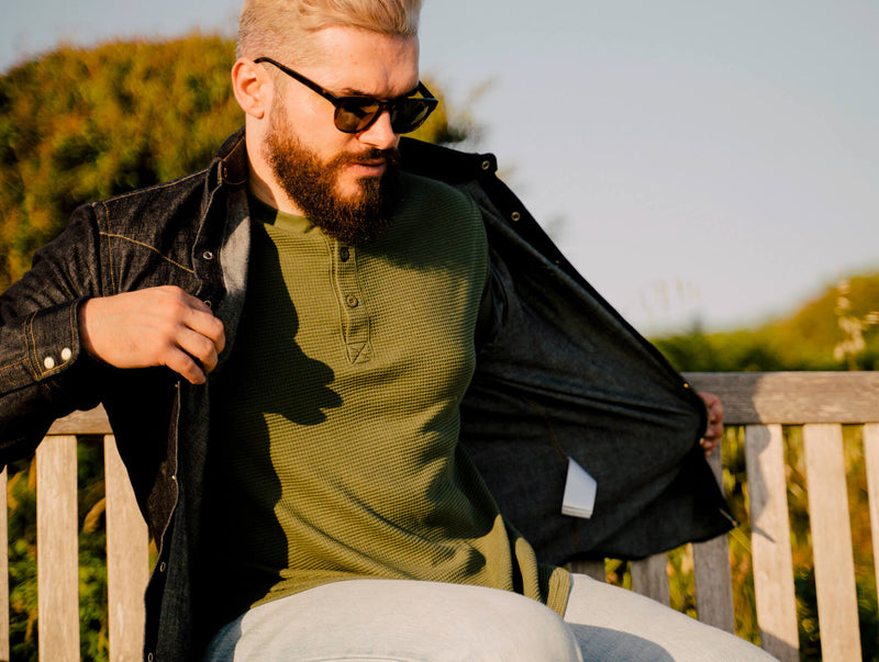 Pétrone Henley cormac manches courtes coton bio Tencel vert kaki homme
