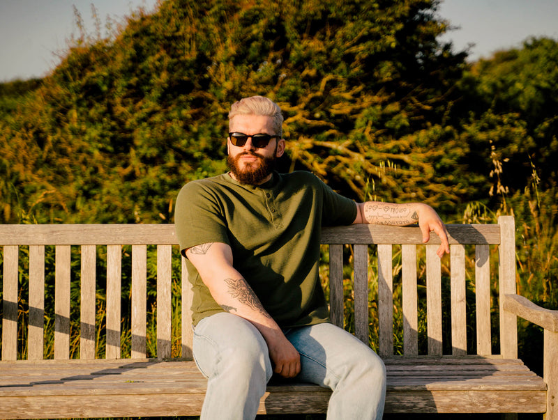 Pétrone Henley cormac manches courtes coton bio Tencel vert kaki homme