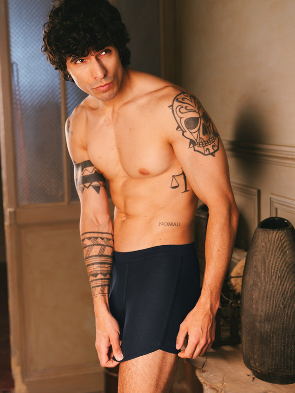 Pétrone boxer côtelé homme confortable coton biologique tencel lyocell bleu marine