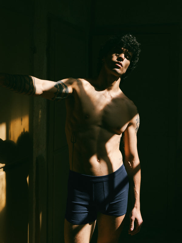 Pétrone boxer côtelé homme confortable coton biologique tencel lyocell bleu marine