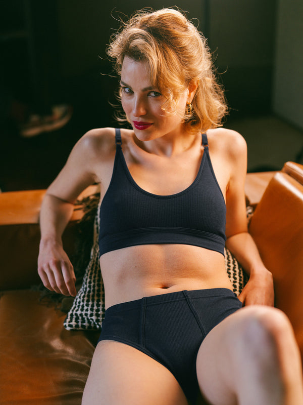 Pétrone brassière femme côtelée confortable coton biologique tencel lyocell bleu marine