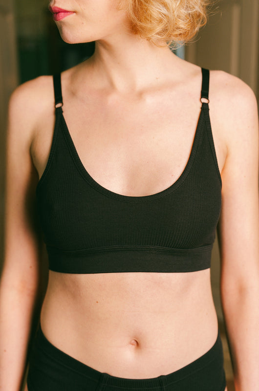 Pétrone brassière femme côtelée confortable coton biologique tencel lyocell Noir