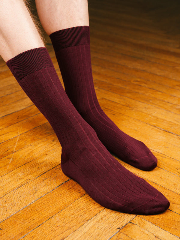Pétrone chaussettes côtelées mi-mollet en fil d'Ecosse italien bordeaux hommes