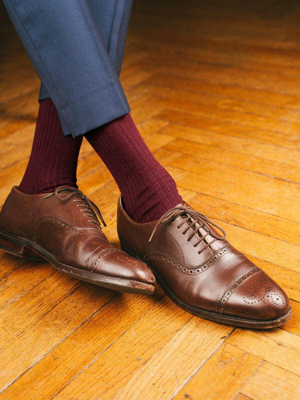 Pétrone chaussettes côtelées mi-mollet en fil d'Ecosse italien bordeaux hommes