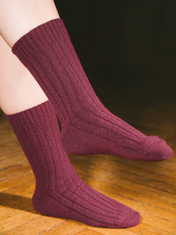 Pétrone chaussettes chaudes côtelées laine mérinos bordeaux foncé femme