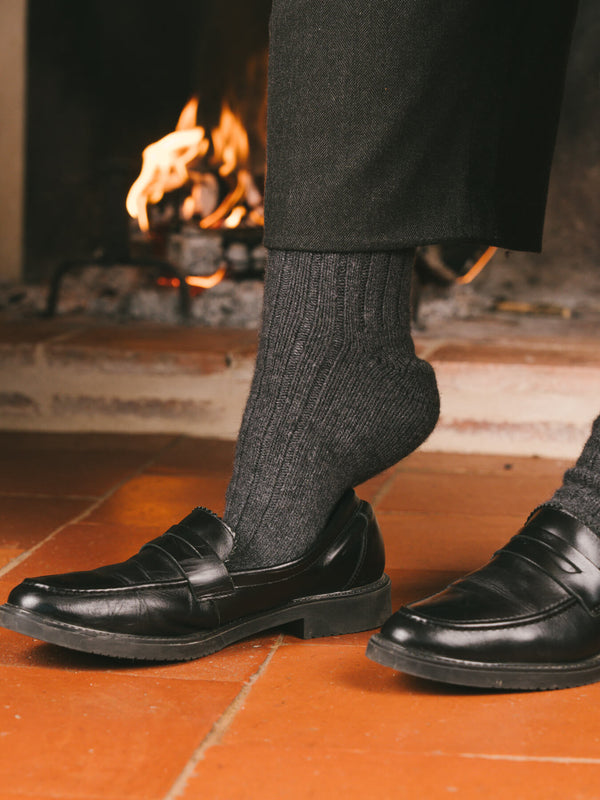 Pétrone chaussettes chaudes côtelées laine mérinos gris anthracite femme