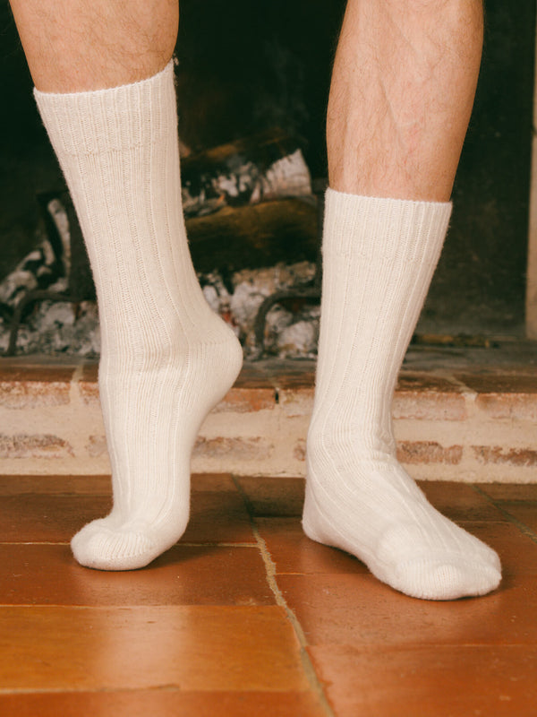 Pétrone chaussettes chaudes côtelées laine mérinos blanc crème homme