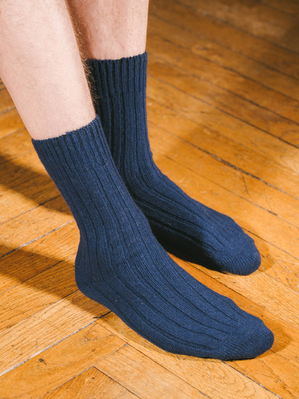 Pétrone chaussettes chaudes côtelées laine mérinos bleu marine homme