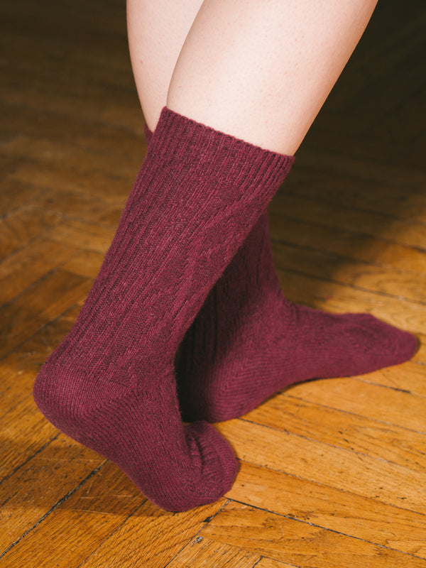 Pétrone chaussettes chaudes maille laine mérinos bordeaux foncé femme
