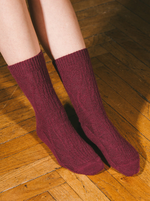 Pétrone chaussettes chaudes maille laine mérinos bordeaux foncé femme
