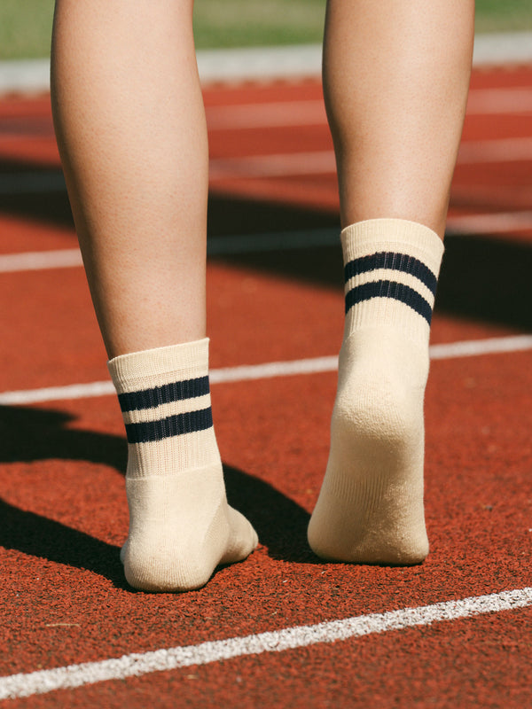 Pétrone chaussettes de tennis coton bio ecocoll écru rayé bleu femme