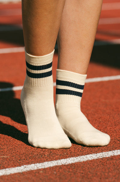 Pétrone chaussettes de tennis coton bio ecocell écru rayé marine homme
