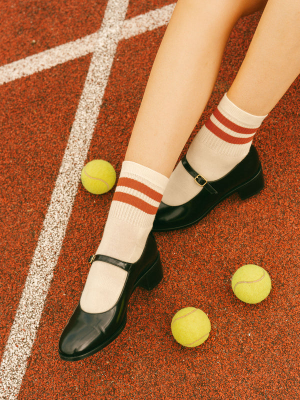 Pétrone chaussettes de tennis coton bio ecocoll écru rayé rouille femme