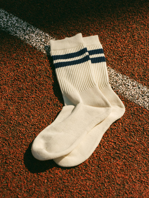 Pétrone chaussettes de tennis coton bio ecocell écru rayé bleu maribne femme