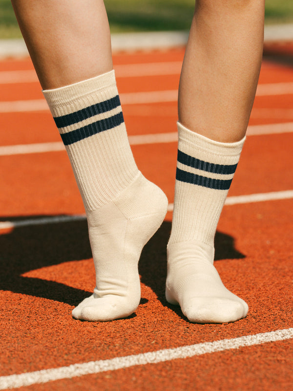 Pétrone chaussettes de tennis coton bio ecocell écru rayé bleu maribne femme