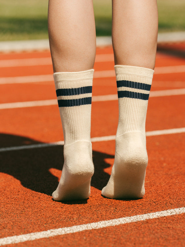 Pétrone chaussettes de tennis coton bio ecocell écru rayé bleu maribne femme
