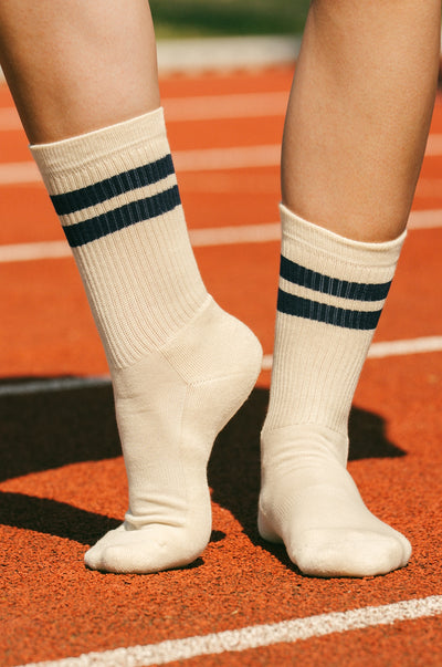 Pétrone chaussettes de tennis coton bio ecocell écru rayé marine homme
