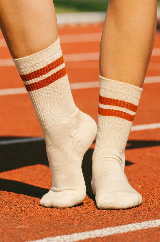 Pétrone chaussettes de tennis coton bio ecocell femme écru rayé rouille