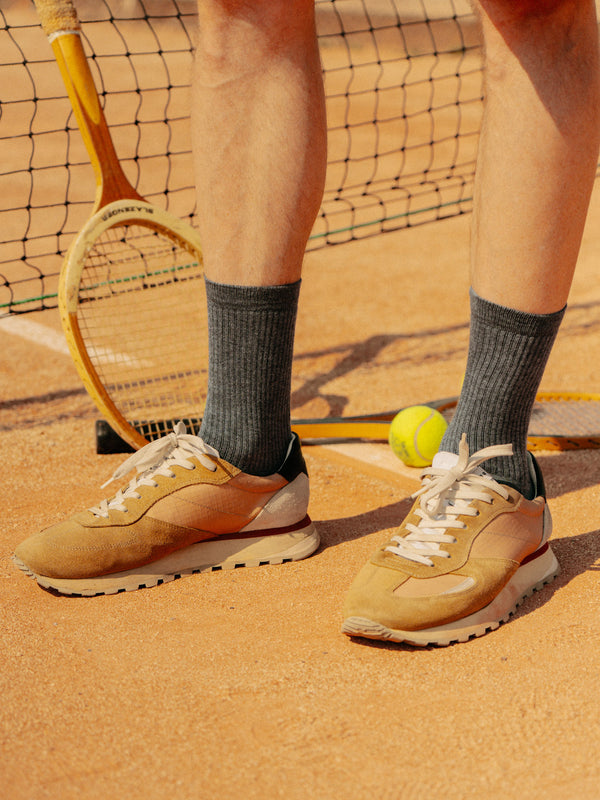 Pétrone chaussettes de tennis coton bio ecocell écru rayé marine homme