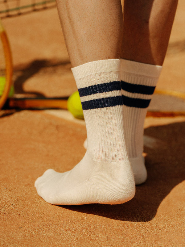 Pétrone chaussettes de tennis coton bio ecocell écru rayé marine homme