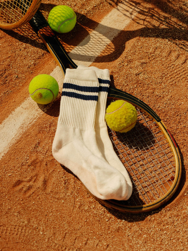 Pétrone chaussettes de tennis coton bio ecocell écru rayé marine homme