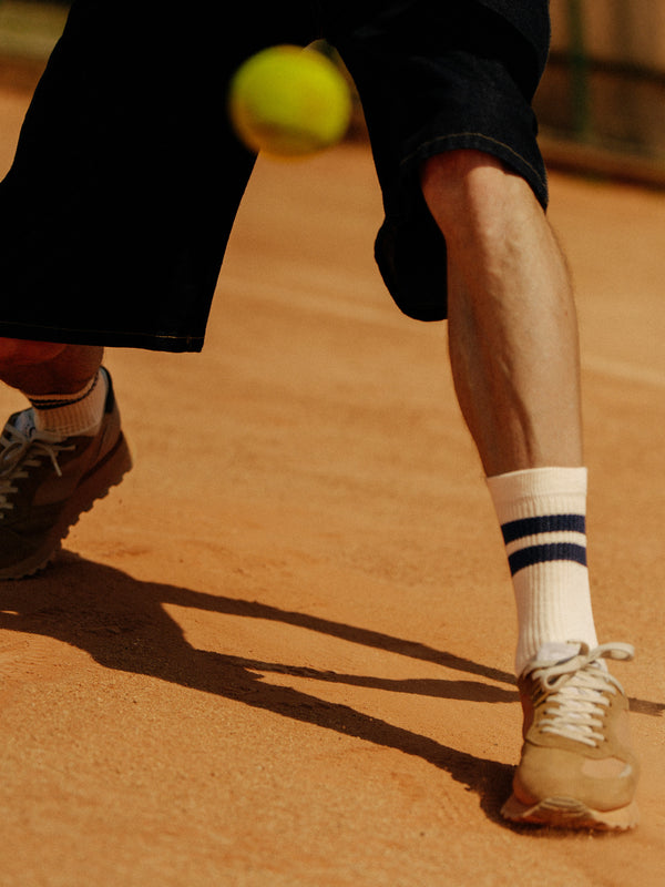 Pétrone chaussettes de tennis coton bio ecocell écru rayé marine homme