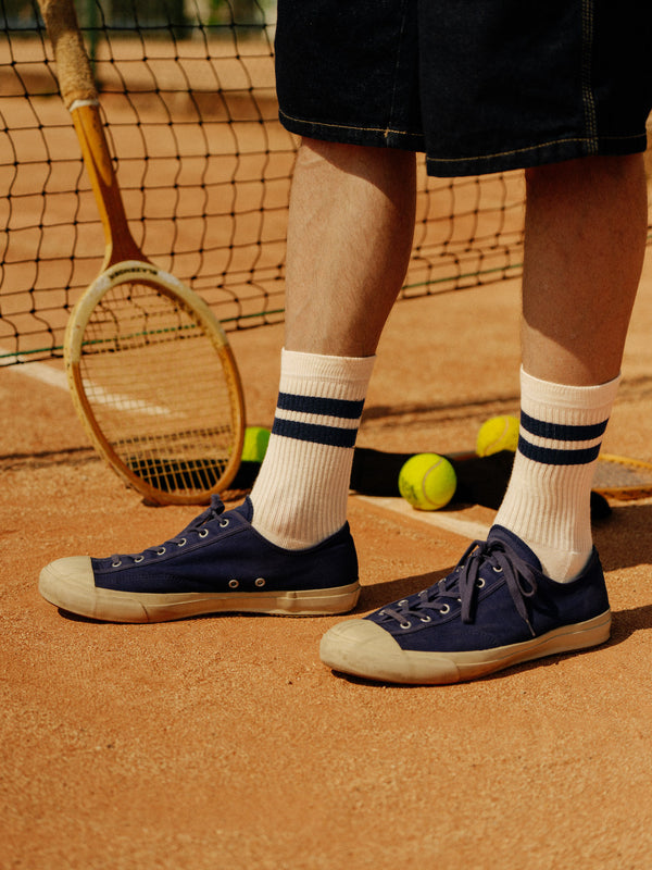 Pétrone chaussettes de tennis coton bio ecocell écru rayé marine homme