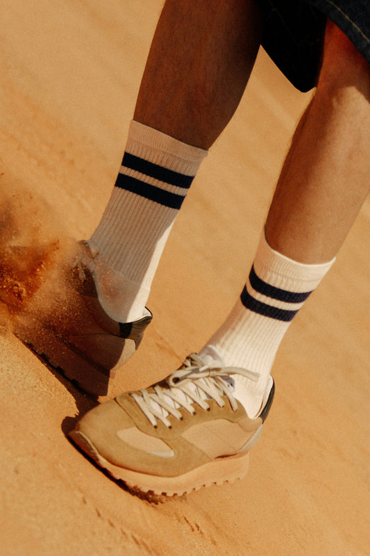 Pétrone chaussettes de tennis coton bio ecocell écru rayé marine homme