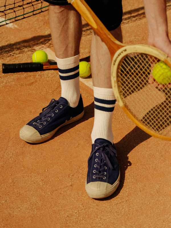 Pétrone chaussettes de tennis coton bio ecocell écru rayé marine homme