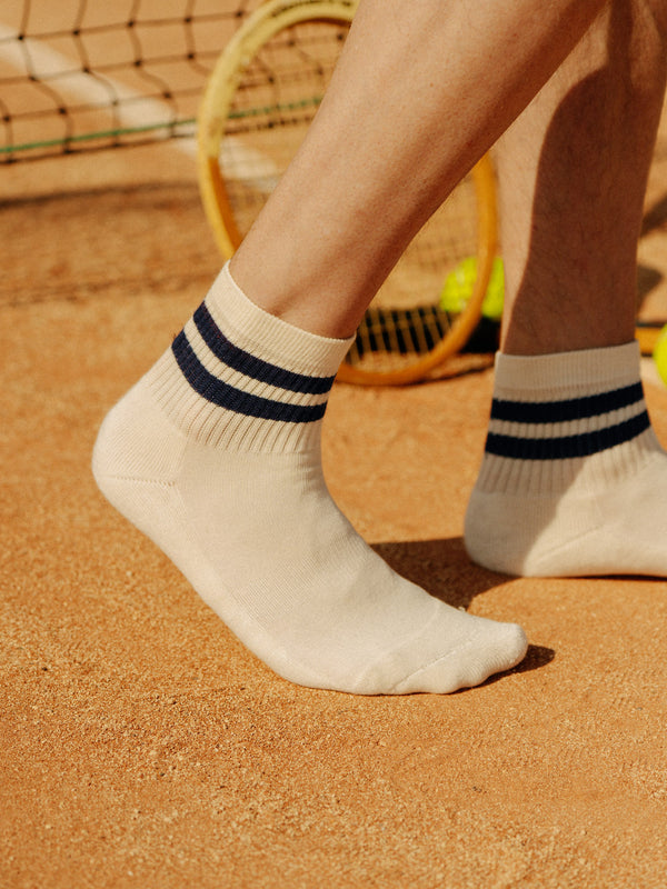 Pétrone chaussettes de tennis coton bio ecocell écru rayé bleu marine homme