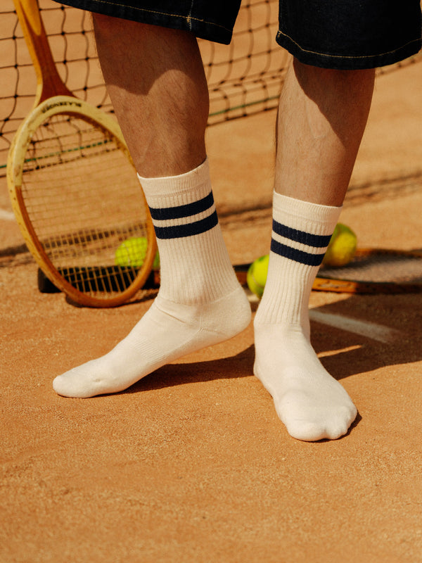 Pétrone chaussettes de tennis coton bio ecocell écru rayé marine homme