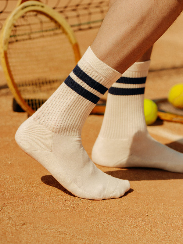 Pétrone chaussettes de tennis coton bio ecocell écru rayé marine homme