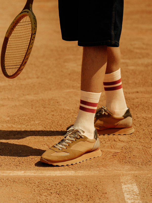 Pétrone chaussettes de tennis coton bio ecocell écru rayé marine homme