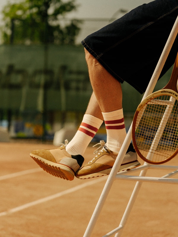 Pétrone chaussettes de tennis coton bio ecocell écru rayé marine homme