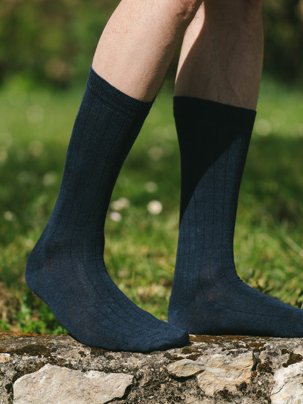 Pétrone chaussettes lin coton bleu marine homme