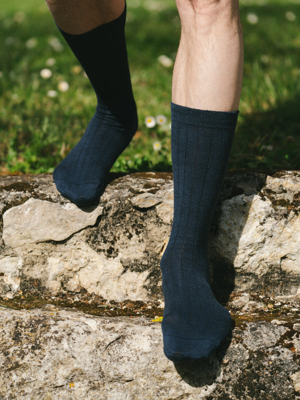 Pétrone chaussettes lin coton bleu marine homme