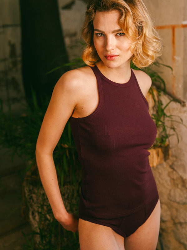 Pétrone débardeur côtelé femme confortable coton biologique tencel lyocell bordeaux foncé