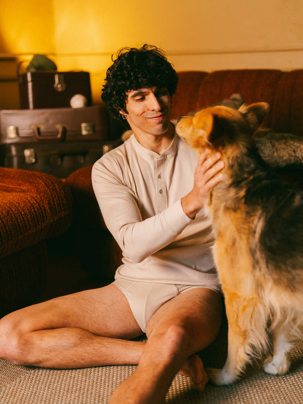 Pétrone henley côtelé homme manches longues confortable coton biologique tencel lyocell beige