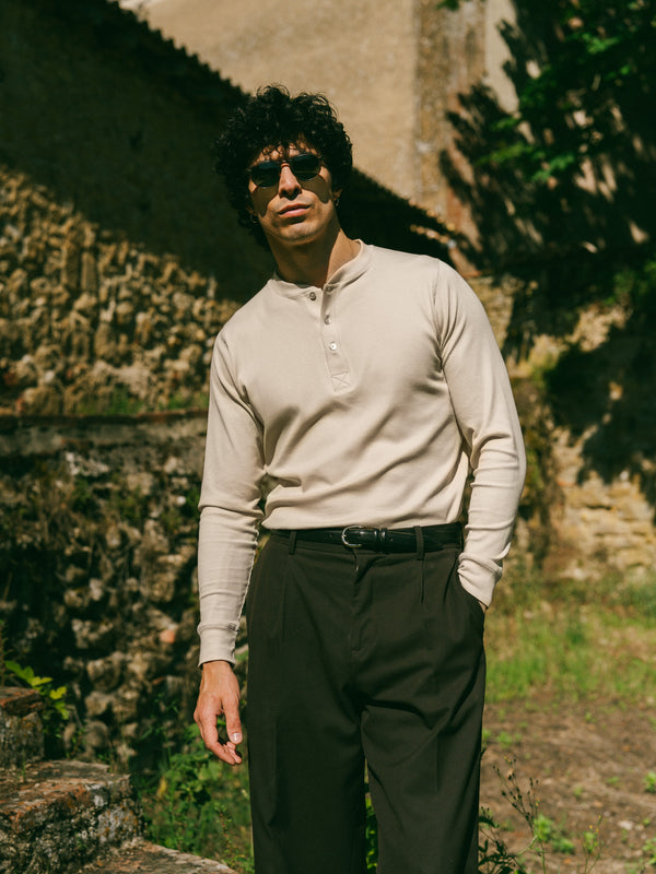 Pétrone henley côtelé homme manches longues confortable coton biologique tencel lyocell beige