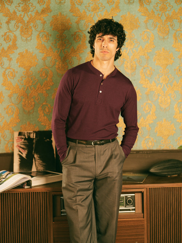 Pétrone henley côtelé homme manches longues confortable coton biologique tencel lyocell bordeaux foncé