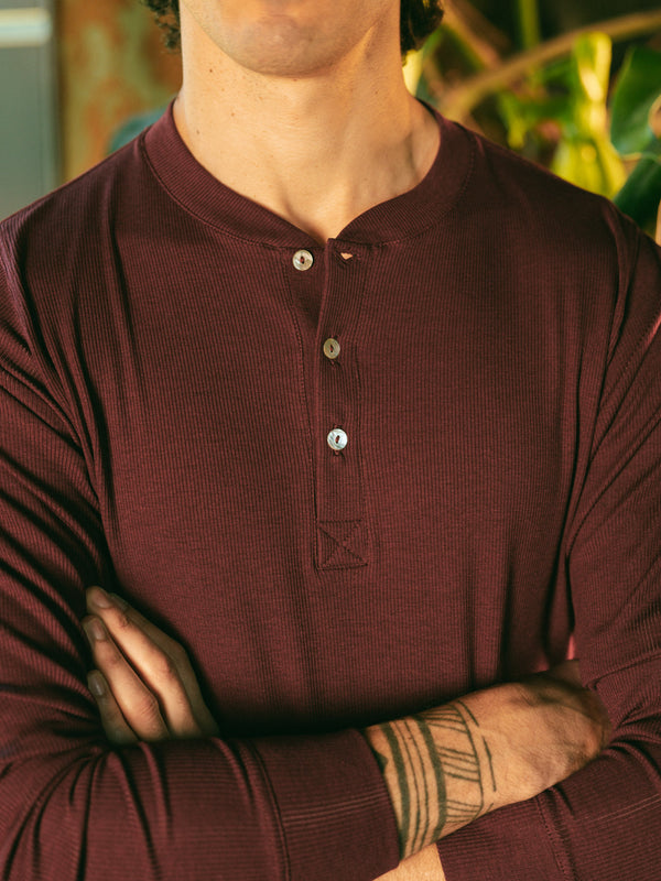 Pétrone henley côtelé homme manches longues confortable coton biologique tencel lyocell bordeaux foncé