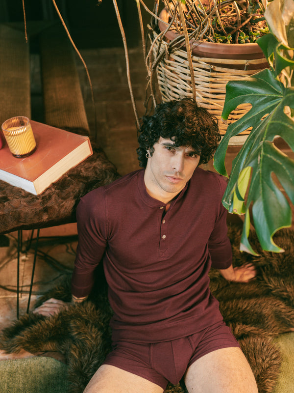 Pétrone henley côtelé homme manches longues confortable coton biologique tencel lyocell bordeaux foncé