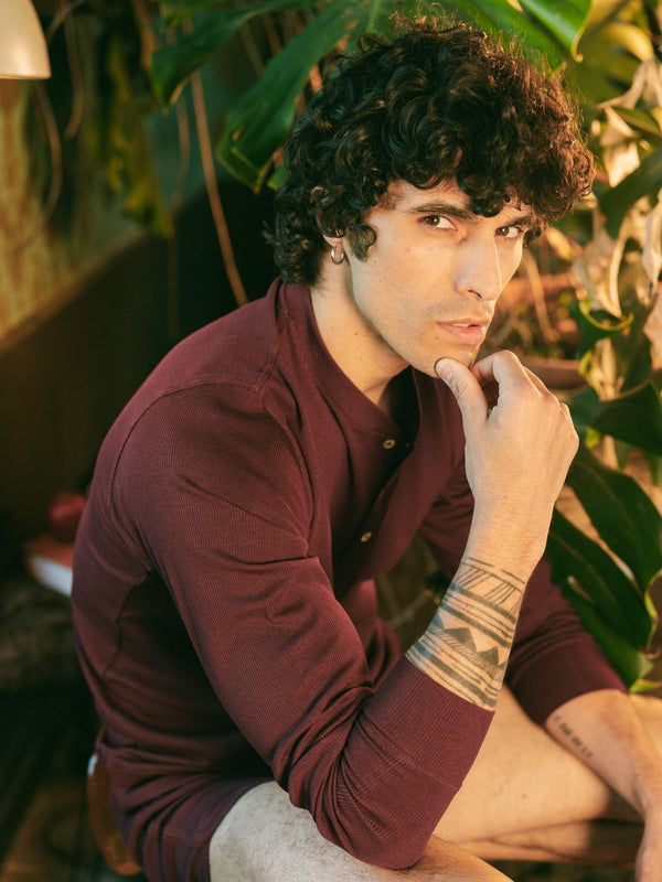 Pétrone henley côtelé homme manches longues confortable coton biologique tencel lyocell bordeaux foncé