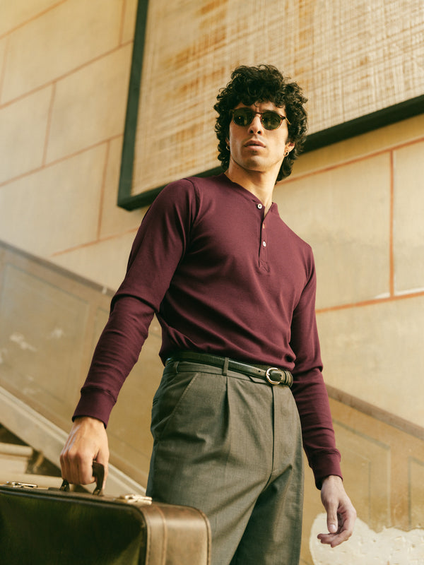 Pétrone henley côtelé homme manches longues confortable coton biologique tencel lyocell bordeaux foncé