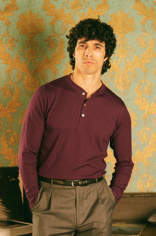 Pétrone henley côtelé homme manches longues confortable coton biologique tencel lyocell bordeaux foncé