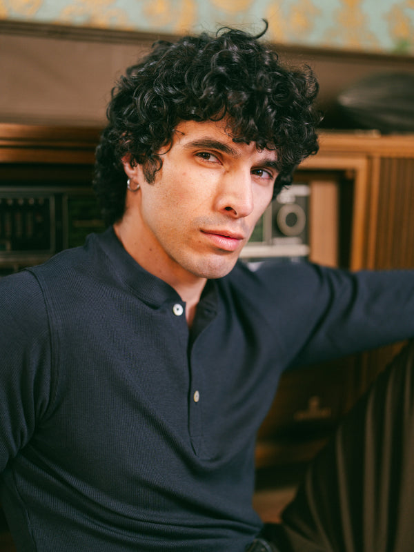 Pétrone henley côtelé homme manches longues confortable coton biologique tencel lyocell bleu marine