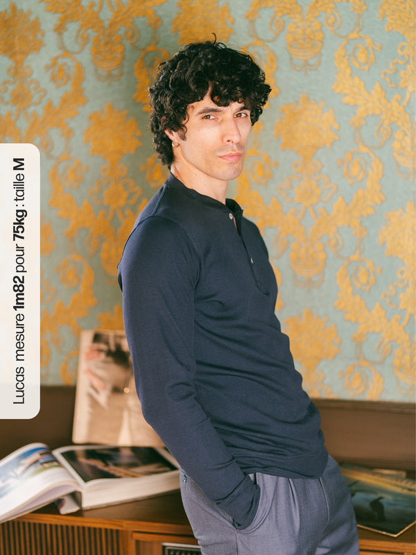 Pétrone henley côtelé homme manches longues confortable coton biologique tencel lyocell bleu marine